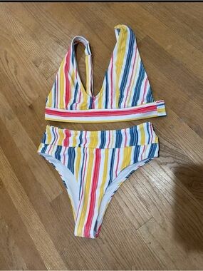 Kids Striped Two-Piece Swimsuit - Yellow, Blue & Red